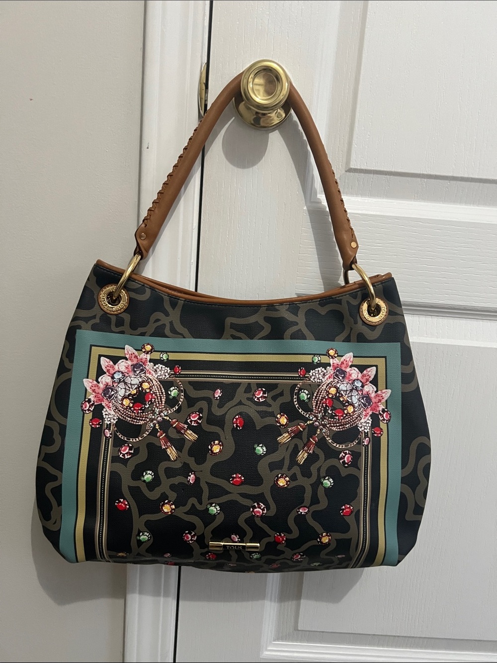 Tous Black Patterned Tote with Brown Handles and Jewel Accents